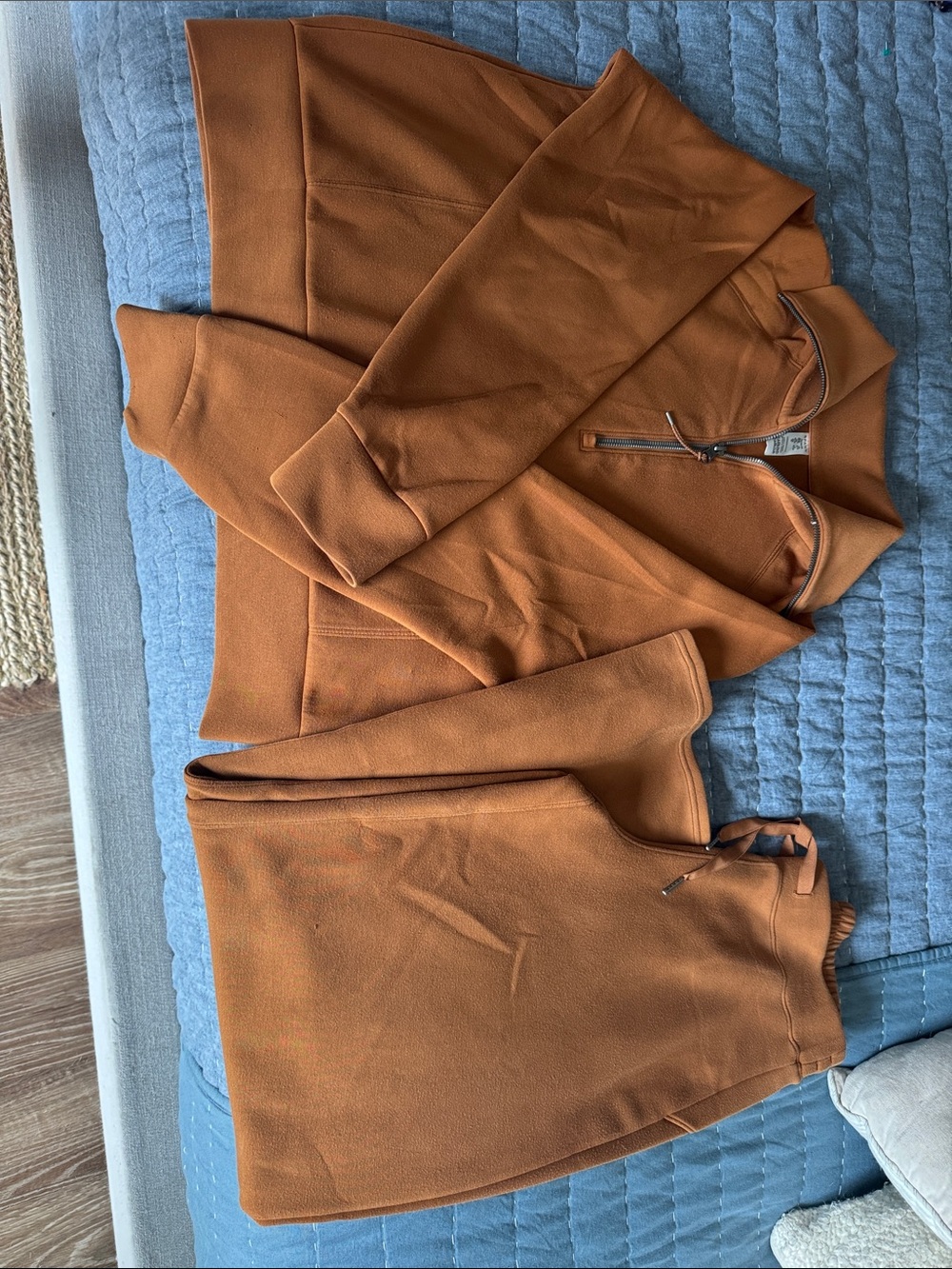 SPANX Rust Brown Zip-Front Airessentials front zip sweater and wide leg pants